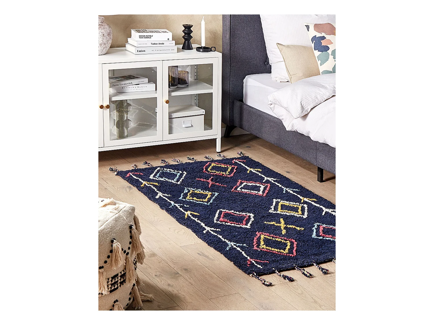 Alfombra de algodón negro/azul/amarillo/blanco 80 x 150 cm CORUM