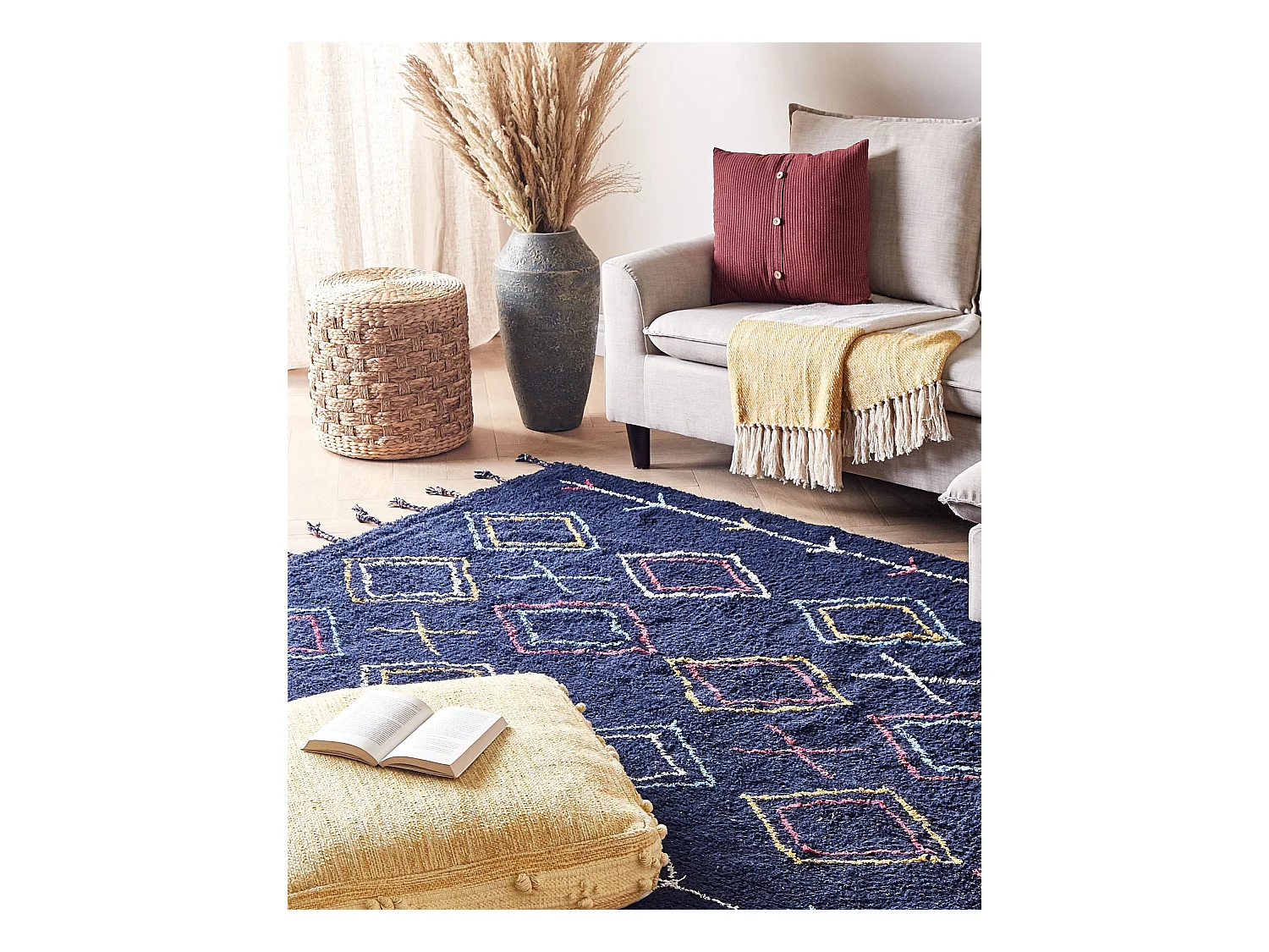 Teppich Baumwolle geometrisches Muster schwarz 160 x 230 cm rechteckig Boho Corum
