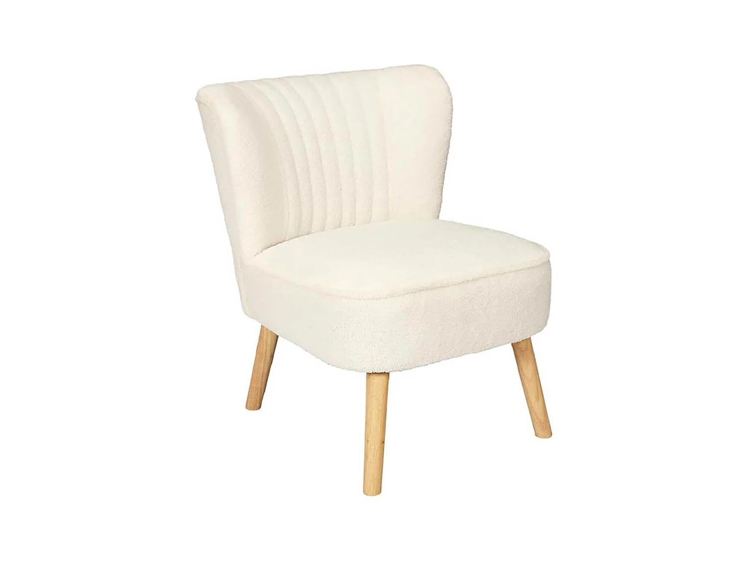 KELIOS - Fauteuil en Tissu Bouclettes Blanc Pieds Bois Naturel