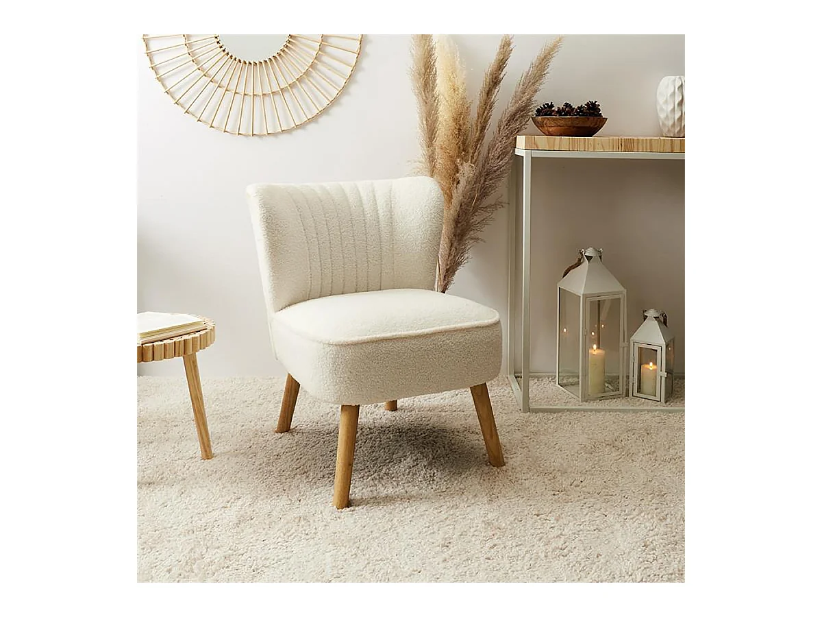 KELIOS - Fauteuil en Tissu Bouclettes Blanc Pieds Bois Naturel