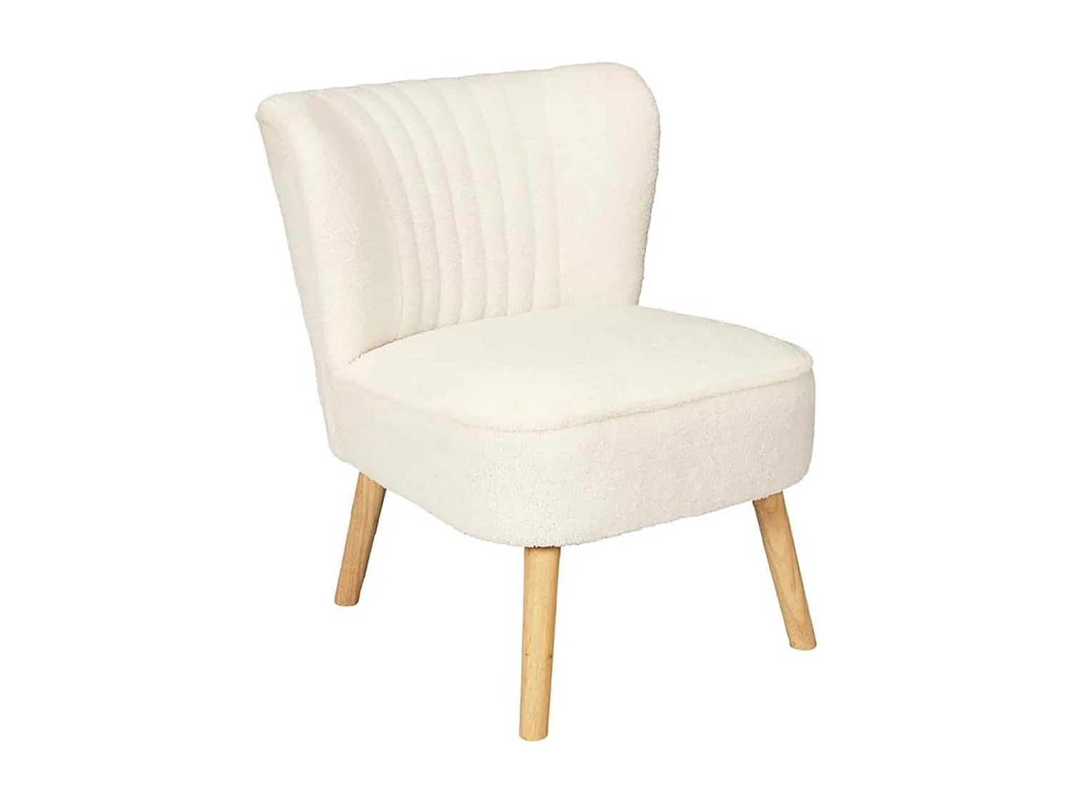 KELIOS - Fauteuil en Tissu Bouclettes Blanc Pieds Bois Naturel