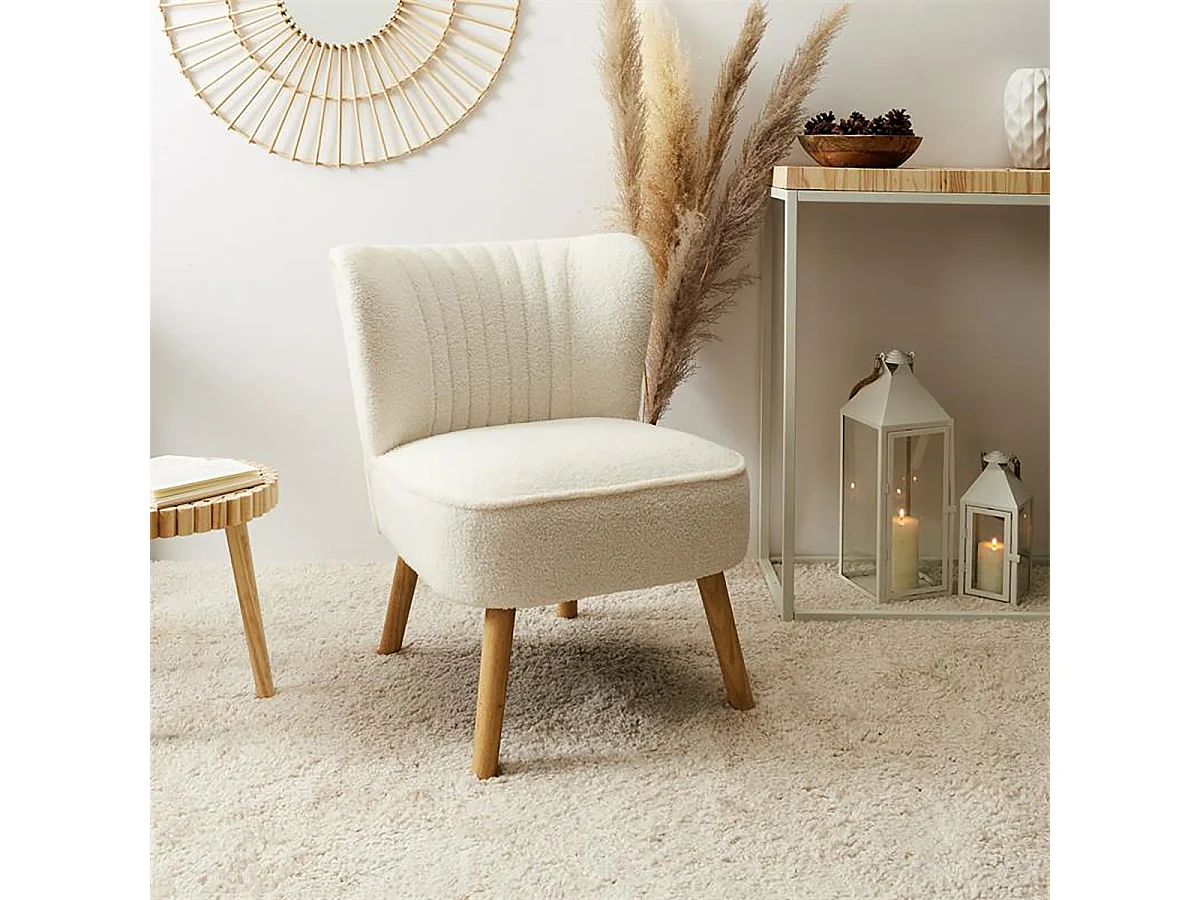 KELIOS - Fauteuil en Tissu Bouclettes Blanc Pieds Bois Naturel