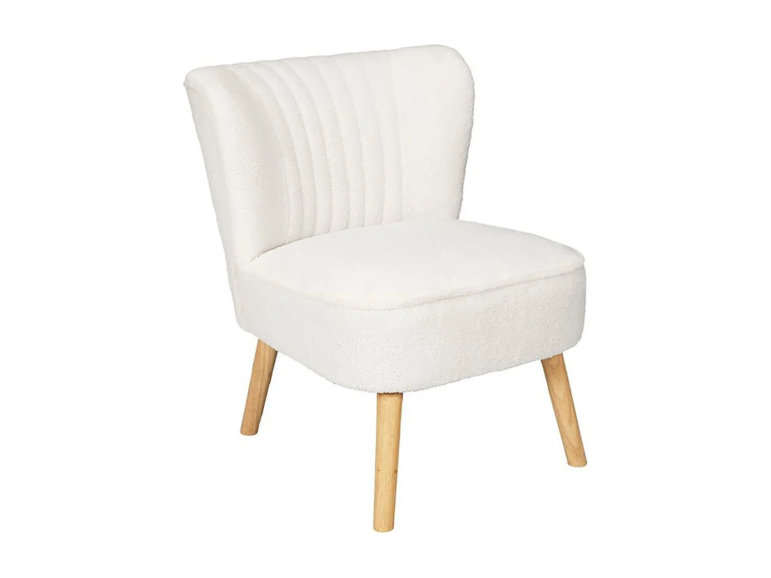 KELIOS - Fauteuil en Tissu Bouclettes Blanc Pieds Bois Naturel