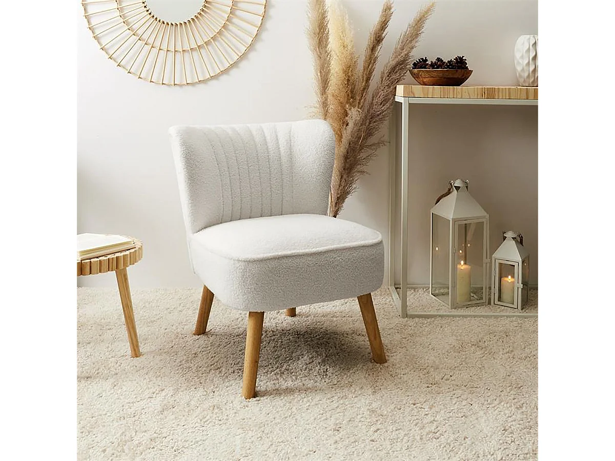 KELIOS - Fauteuil en Tissu Bouclettes Blanc Pieds Bois Naturel