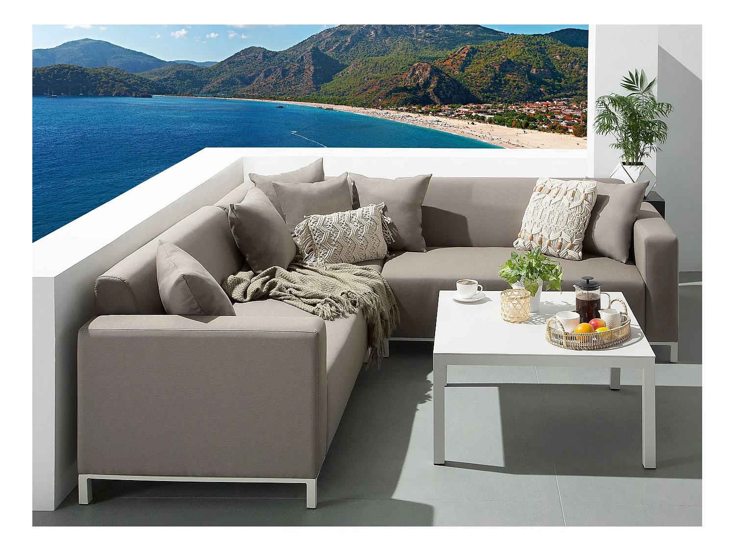 Narożnik ogrodowy ze stolikiem dla 5 osób BELIZE Prawostronny Modułowy Beżowy