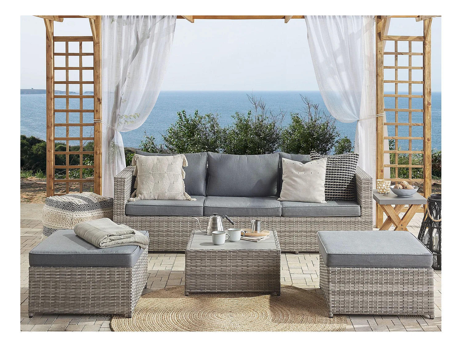 Narożnik ogrodowy ze stolikiem dla 5 osób SABBIA Prawostronny Modułowy Technorattan Jasnoszary