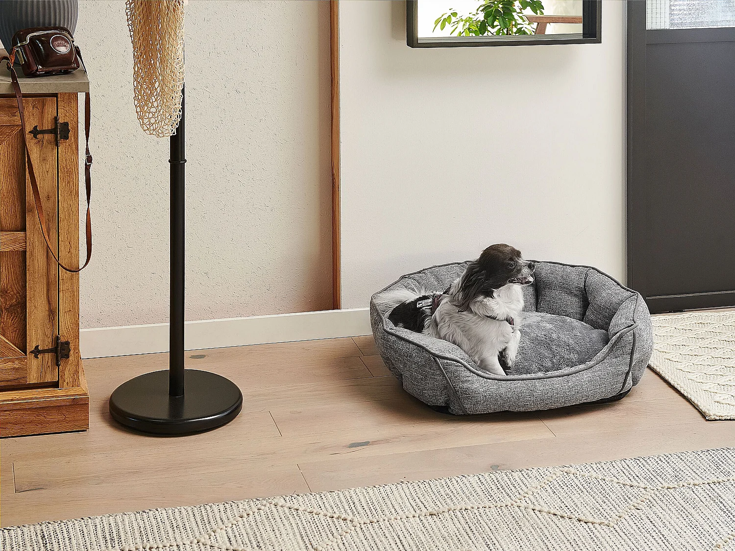 Kuscheliges Tierbett grau Leinen oval 65x50 cm für kleine und mittlere Hunde Katzen Candir
