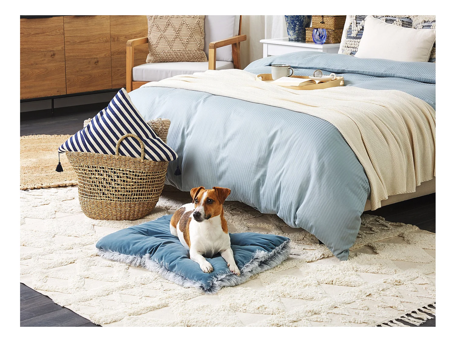 Modernes Tierbett aus weichem Samtstoff mit Quasten blau 60 x 45 cm Ergani