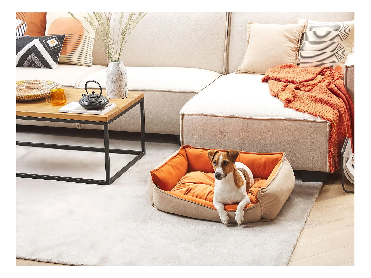 Rechteckiges Tierbett Samtstoff für Hunde Katzen Orange / Beige 70 x 60 cm Izmir