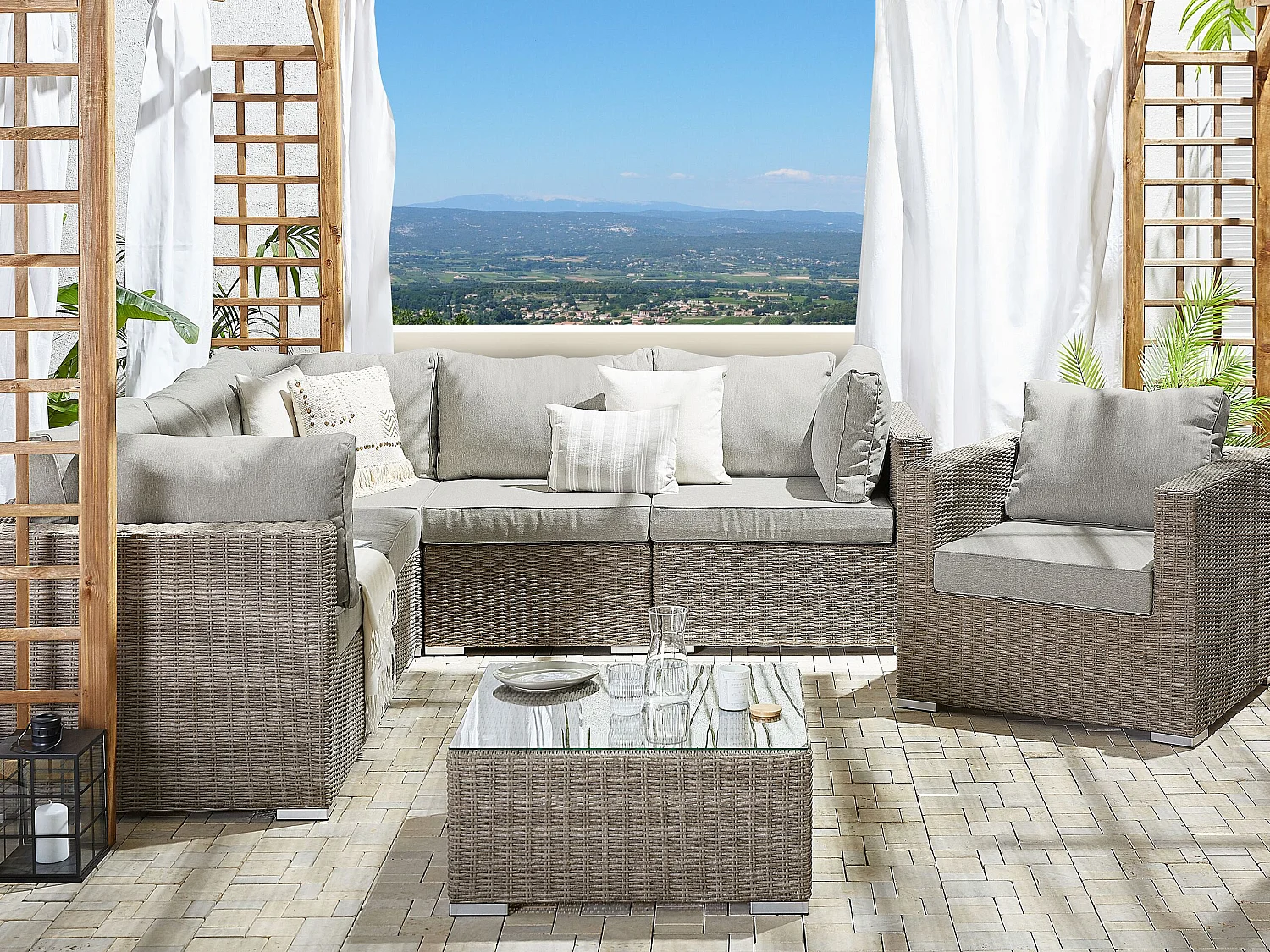 Ensemble de salon de jardin avec table 6 places CONTARE Côté droit Polyrotin Taupe
