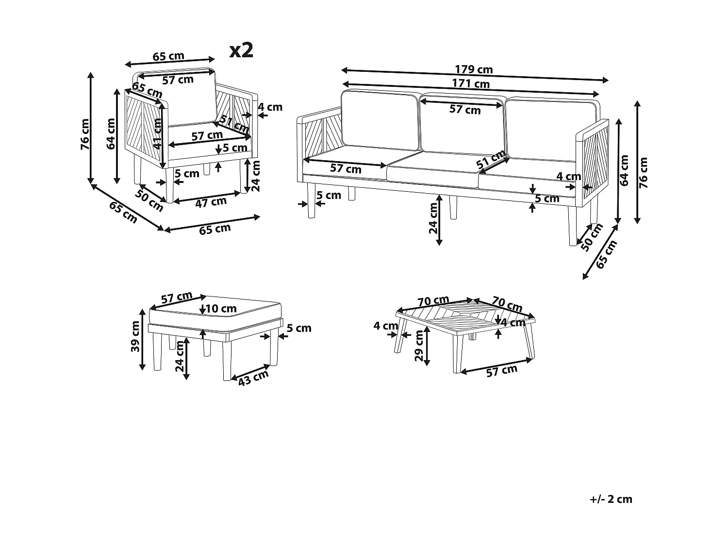 Ensemble de salon de jardin avec table et ottoman 5 places BARATTI Acacia Marron