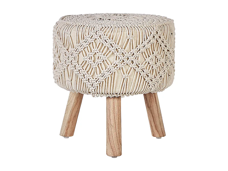 Hocker aus Baumwolle Holz beige 40 x 40 cm mit Makramee im Boho Stil Manzai