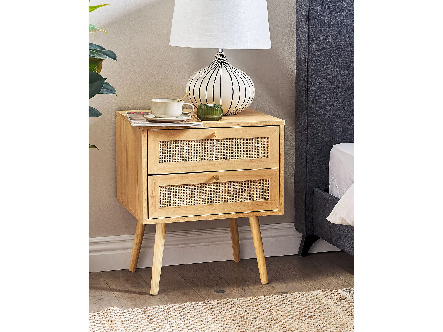 2 Drawer Bedside Table PEROTE Rattan Light Brown