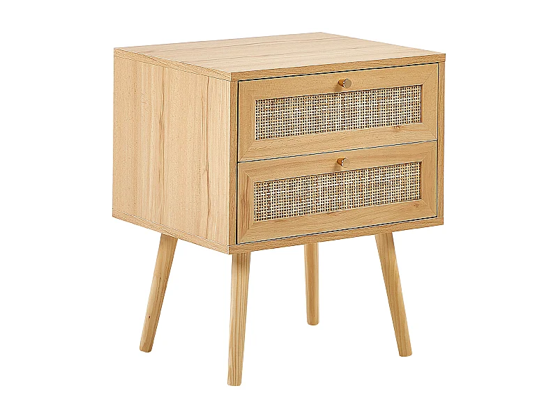 Nachttisch 2 Schublade Rattan Türen Boho Style Nachtschrank Helles Holz Perote