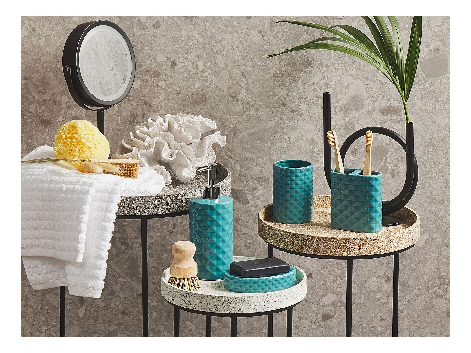 Badezimmer Set türkis 4-teilig aus Naturstein Dolomit Glamour glänzend Guatire