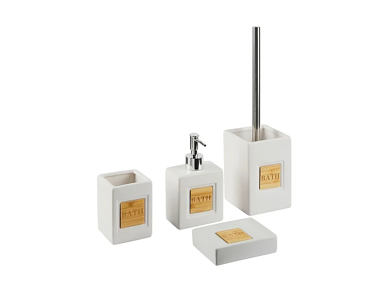 Badezimmer Set beige / heller Holzfarbton 4-teilig Dolomit mit Aufschrift Kourou