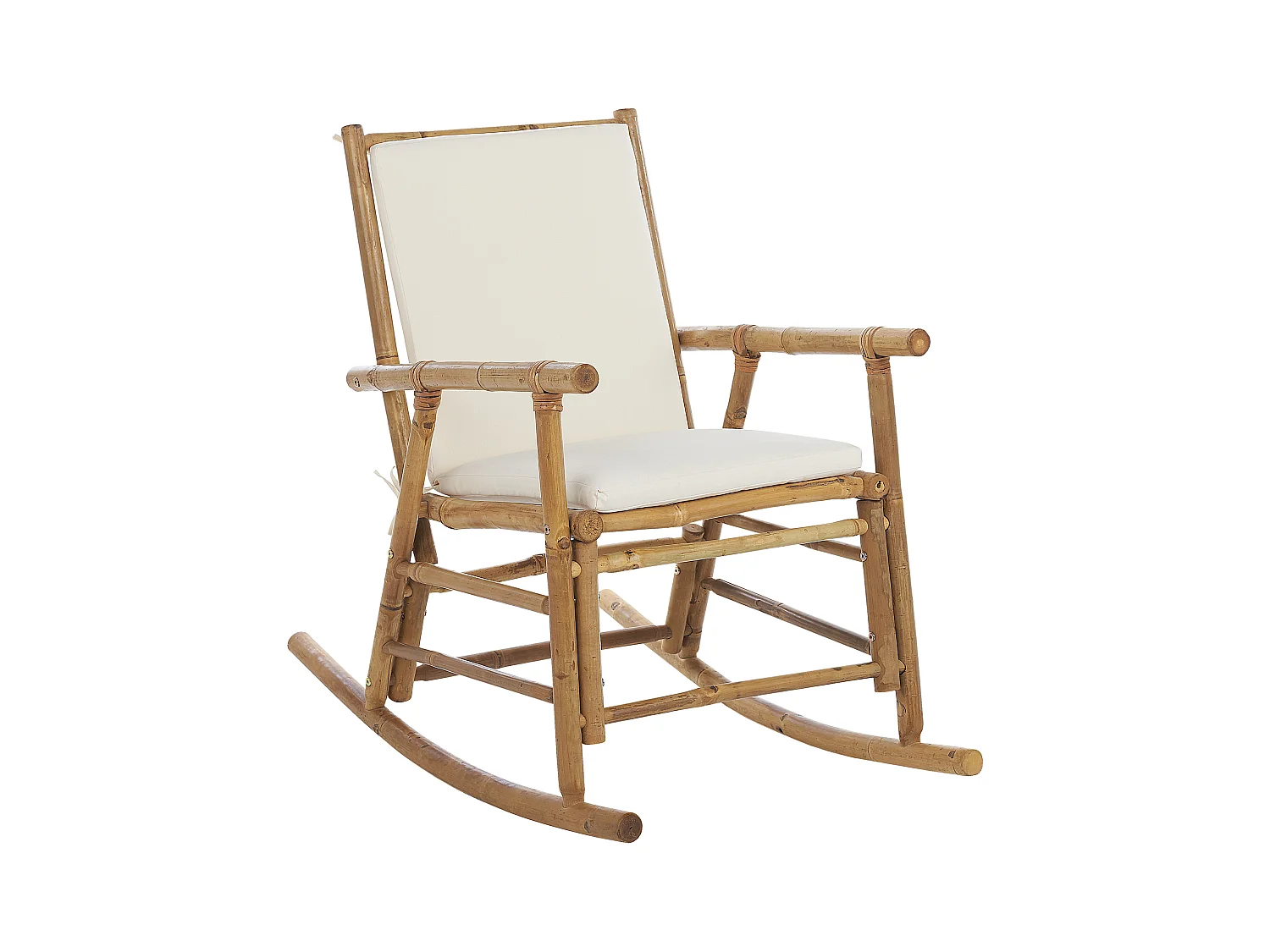 Garten Schaukelstuhl Bambus hellbraun mit Armlehnen Auflage weiß Boho Frigole