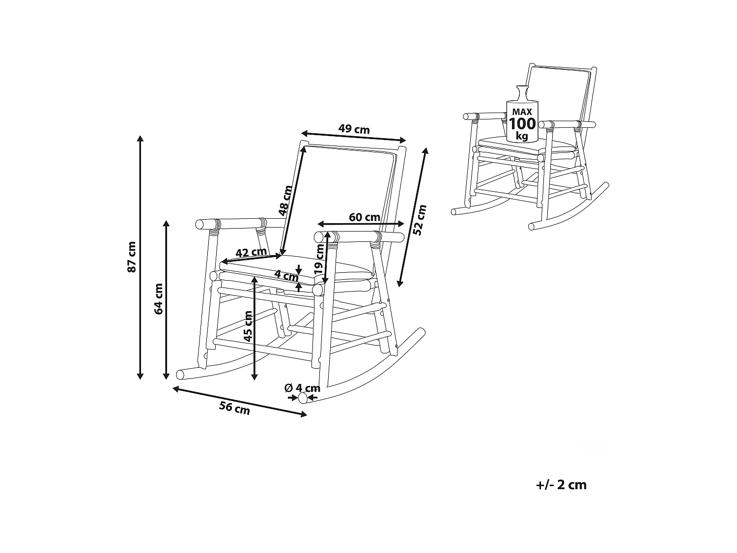 Garten Schaukelstuhl Bambus hellbraun mit Armlehnen Auflage weiß Boho Frigole