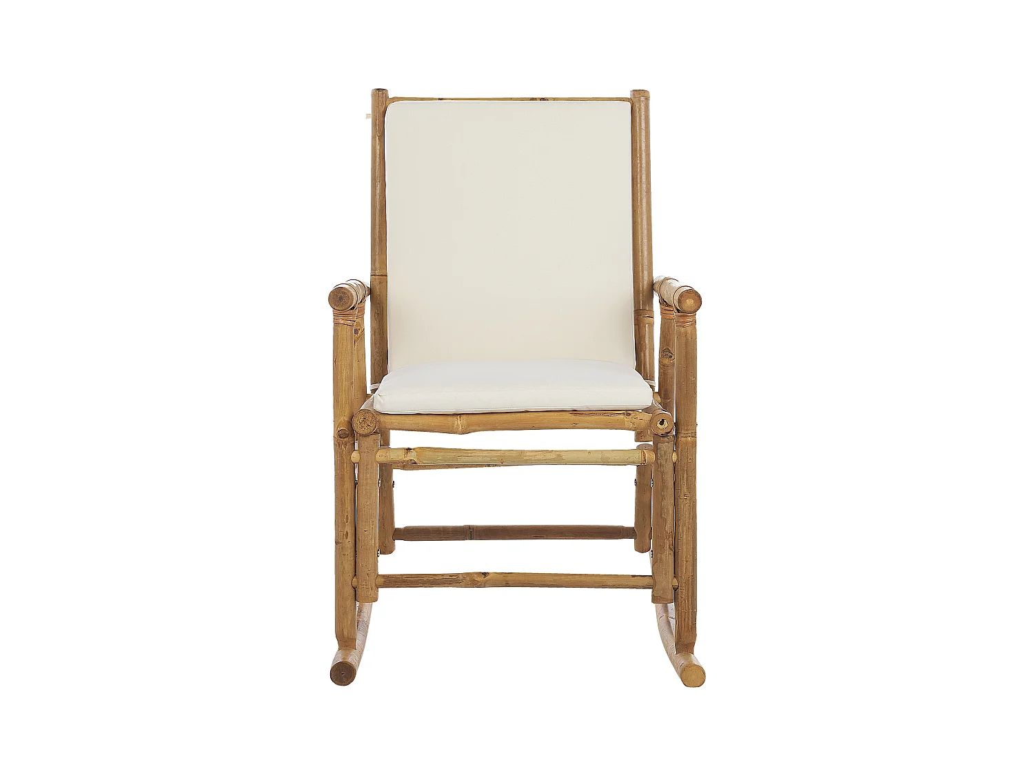 Garten Schaukelstuhl Bambus hellbraun mit Armlehnen Auflage weiß Boho Frigole