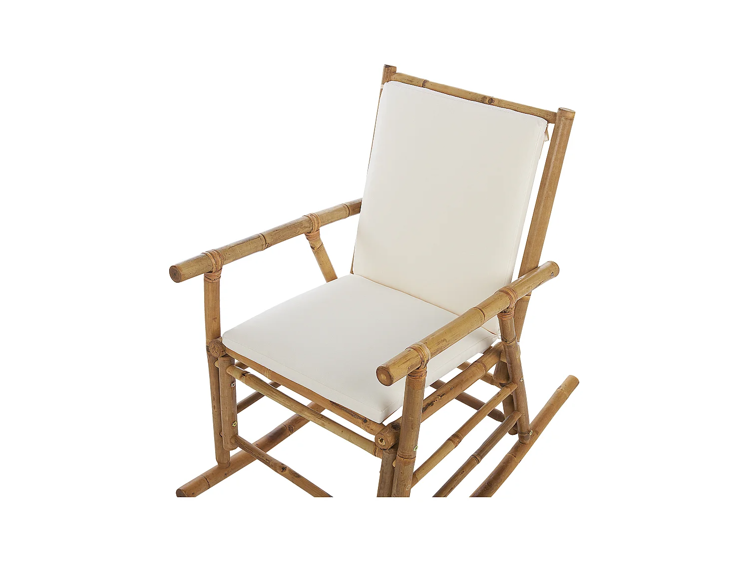 Garten Schaukelstuhl Bambus hellbraun mit Armlehnen Auflage weiß Boho Frigole