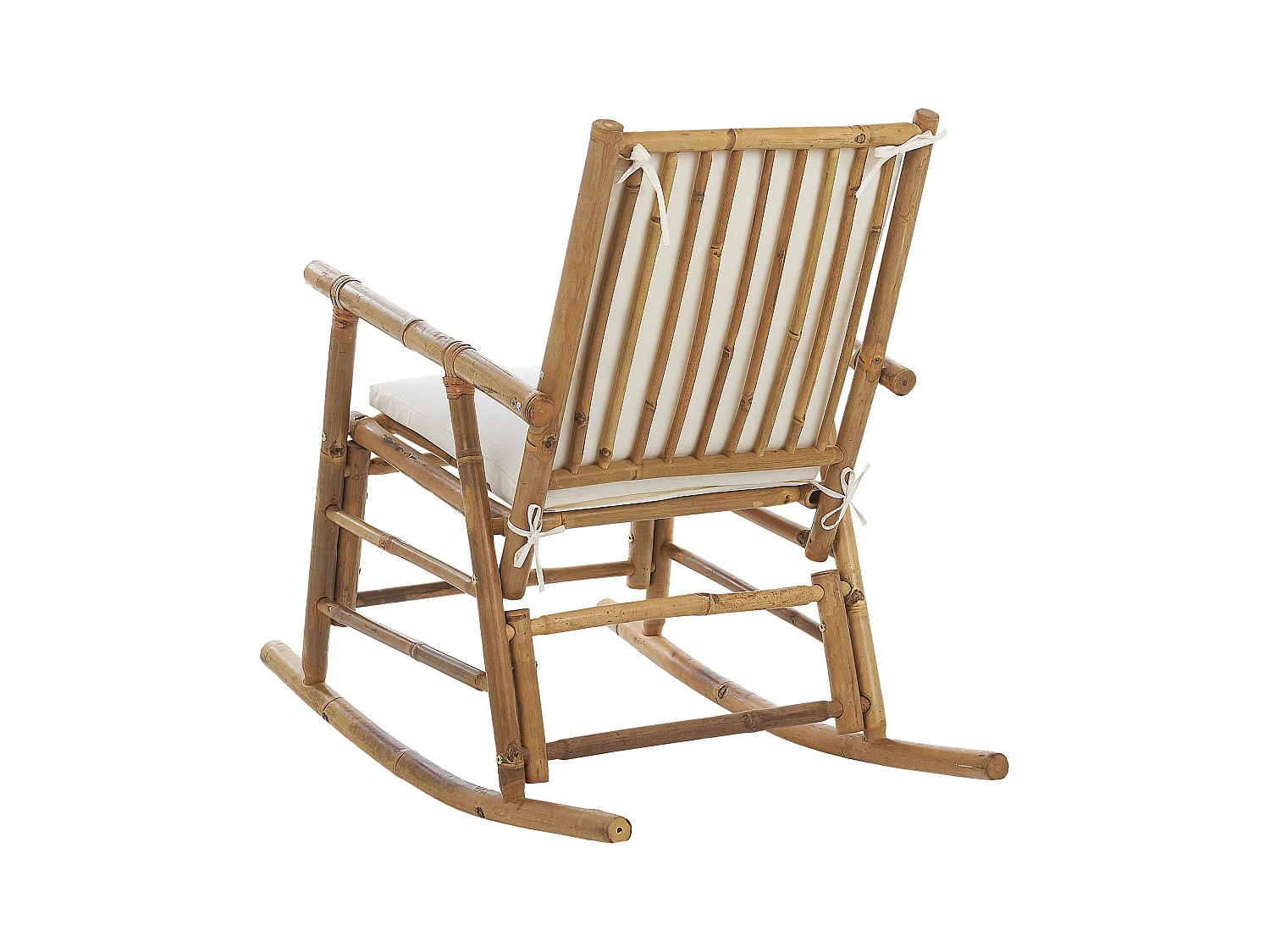 Garten Schaukelstuhl Bambus hellbraun mit Armlehnen Auflage weiß Boho Frigole