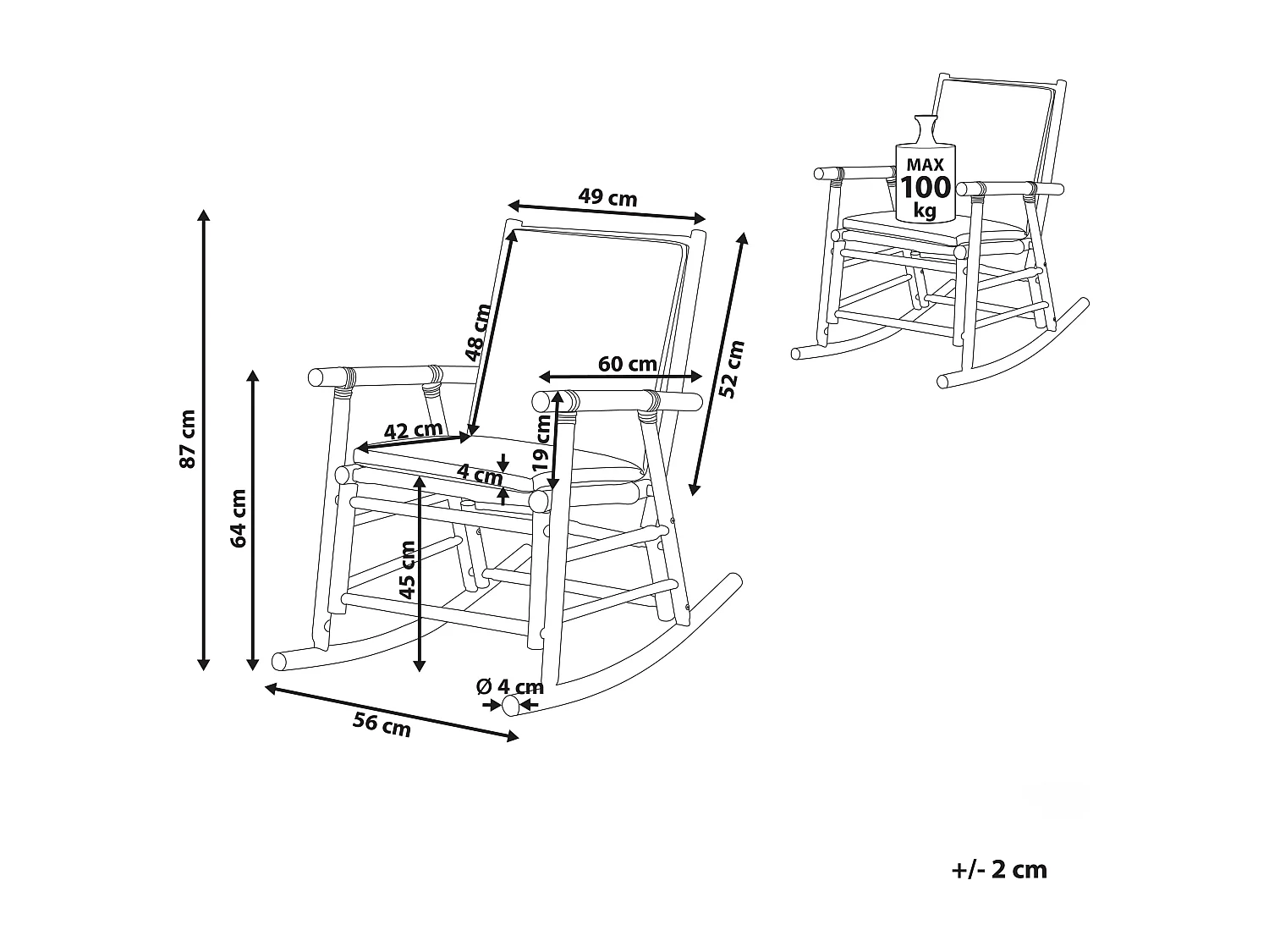 Garten Schaukelstuhl Bambus hellbraun mit Armlehnen Auflage weiß Boho Frigole
