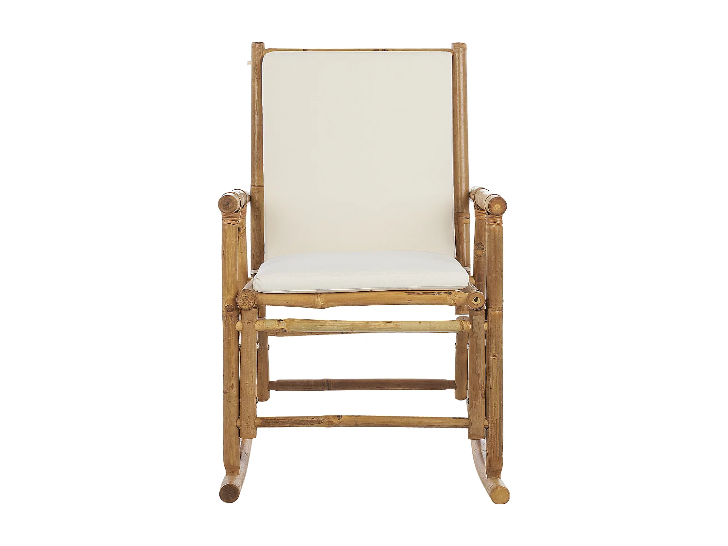 Garten Schaukelstuhl Bambus hellbraun mit Armlehnen Auflage weiß Boho Frigole