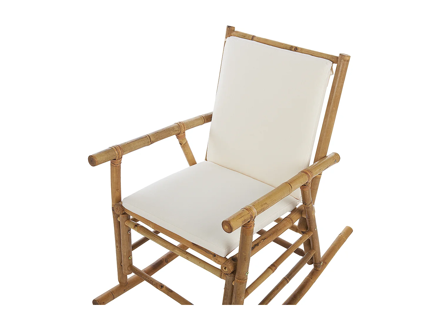 Garten Schaukelstuhl Bambus hellbraun mit Armlehnen Auflage weiß Boho Frigole