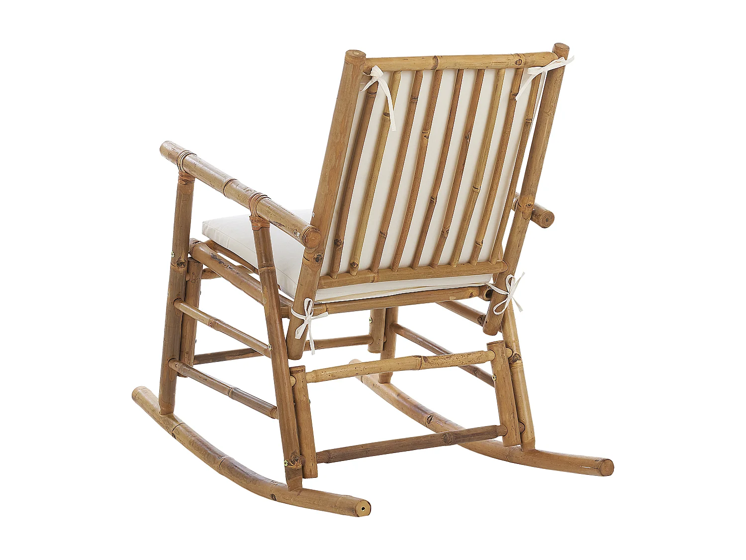 Garten Schaukelstuhl Bambus hellbraun mit Armlehnen Auflage weiß Boho Frigole