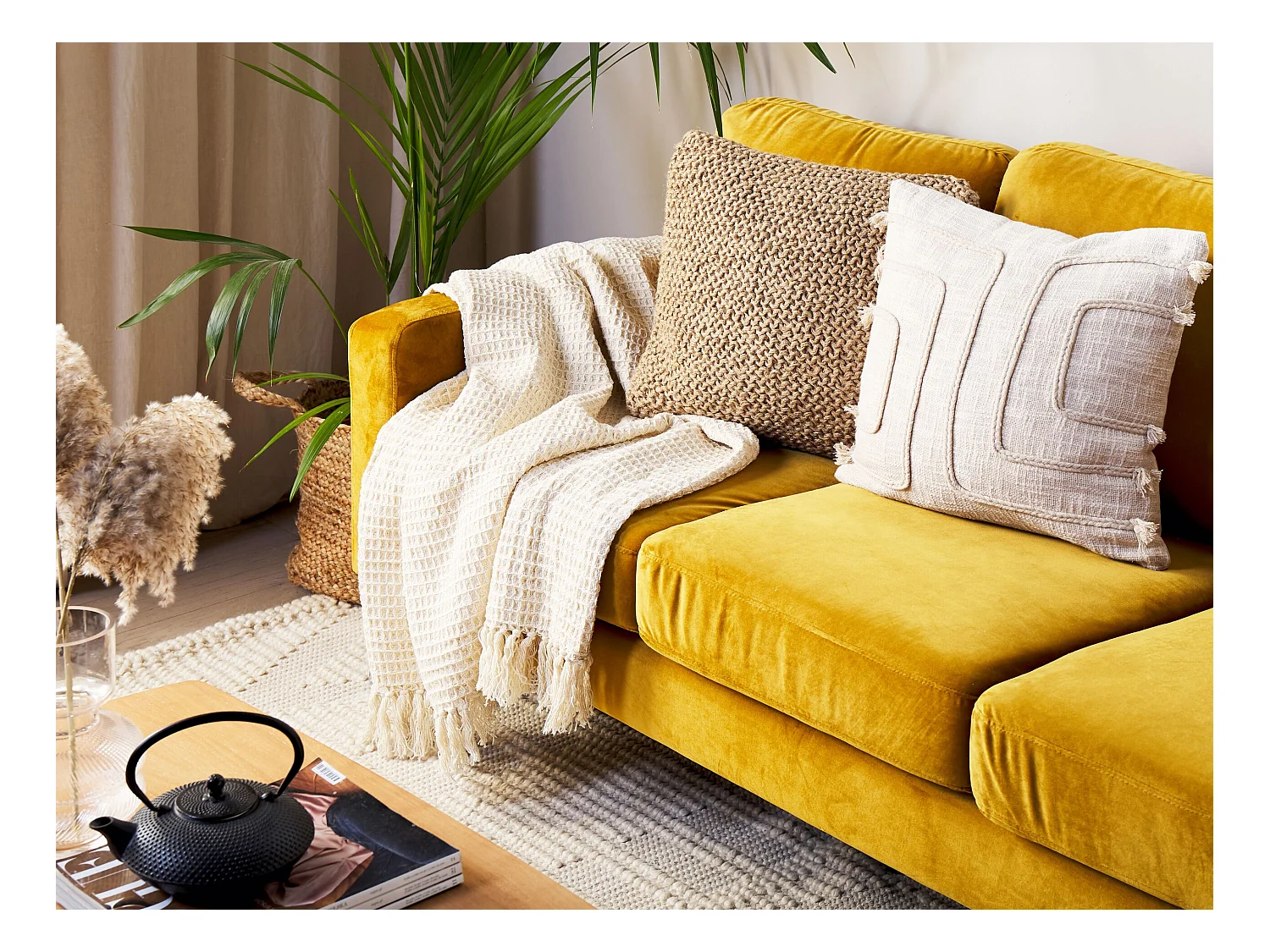 Decke Baumwolle beige 125 x 150 cm mit Fransen Wohndecke Überwurf Modern Malu