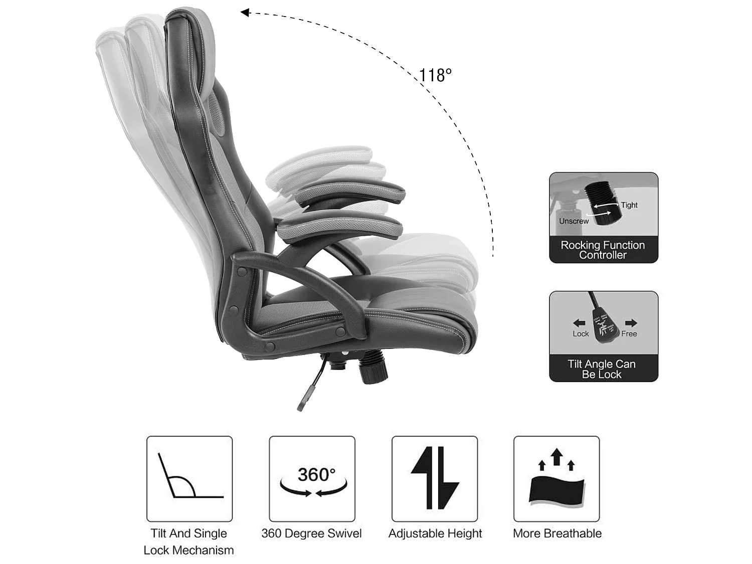 Cadeirão de escritório Gamer Preto Couro Cinzento Castors 120x66x63