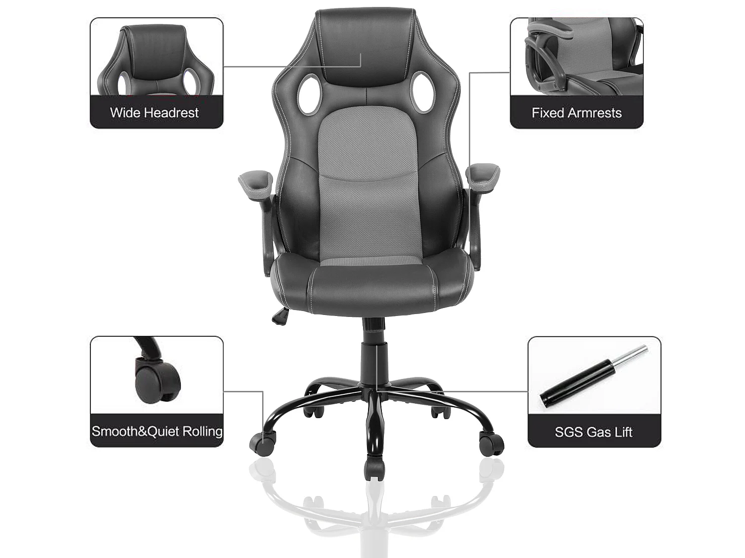 Cadeirão de escritório Gamer Preto Couro Cinzento Castors 120x66x63