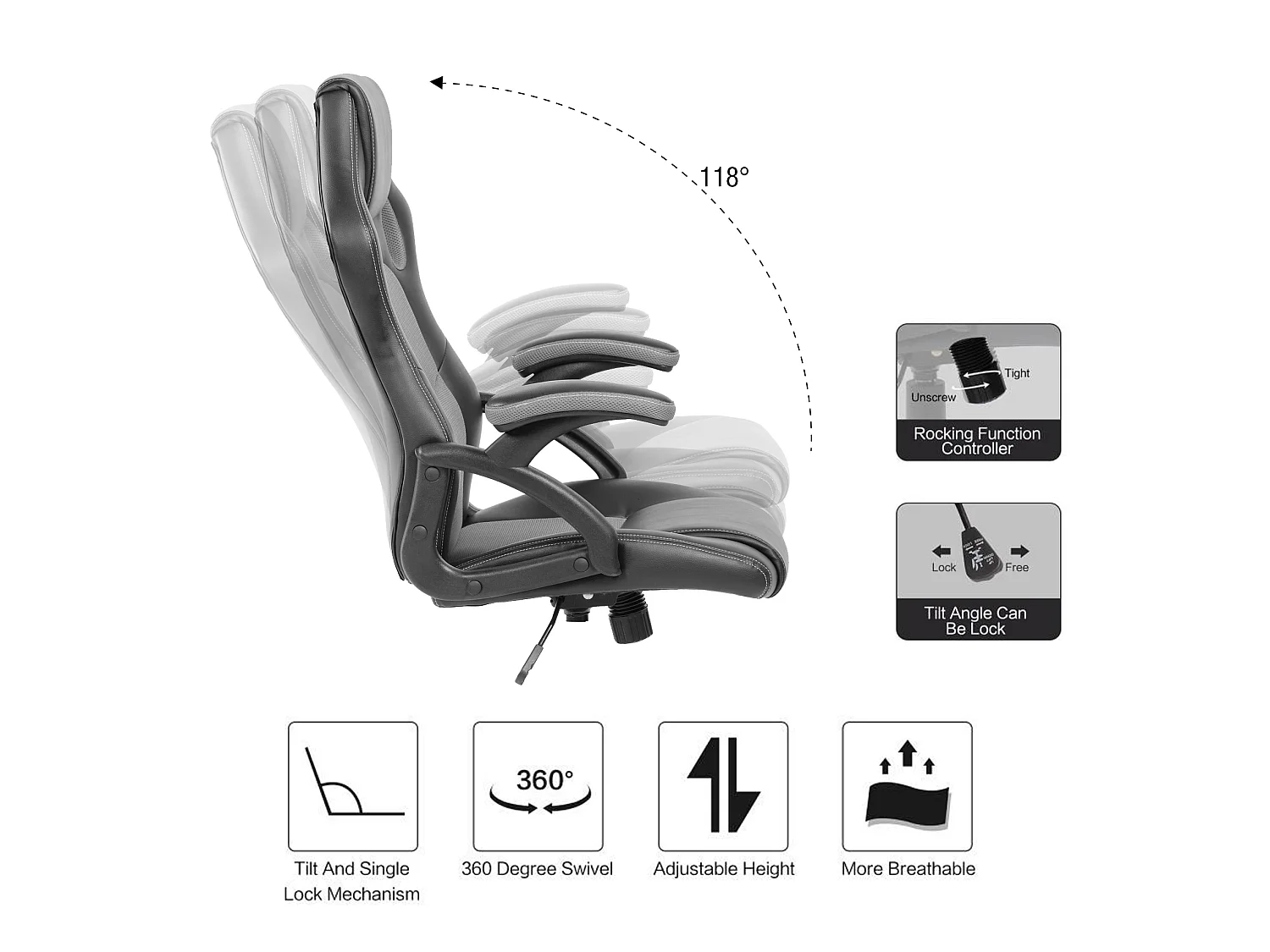 Sillón Gamer Asiento Oficina Negro Gris Nylon 120x66x63