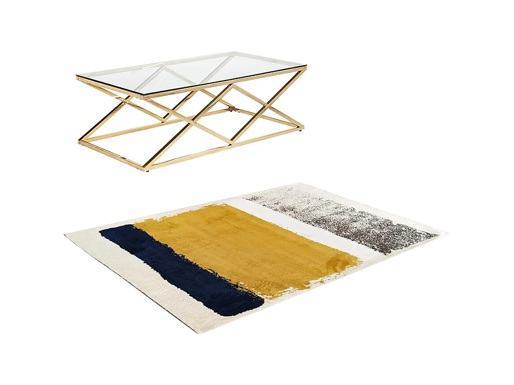 Ensemble table basse dorée CHARLOTTE et tapis bleu, moutarde et gris CAMDEN