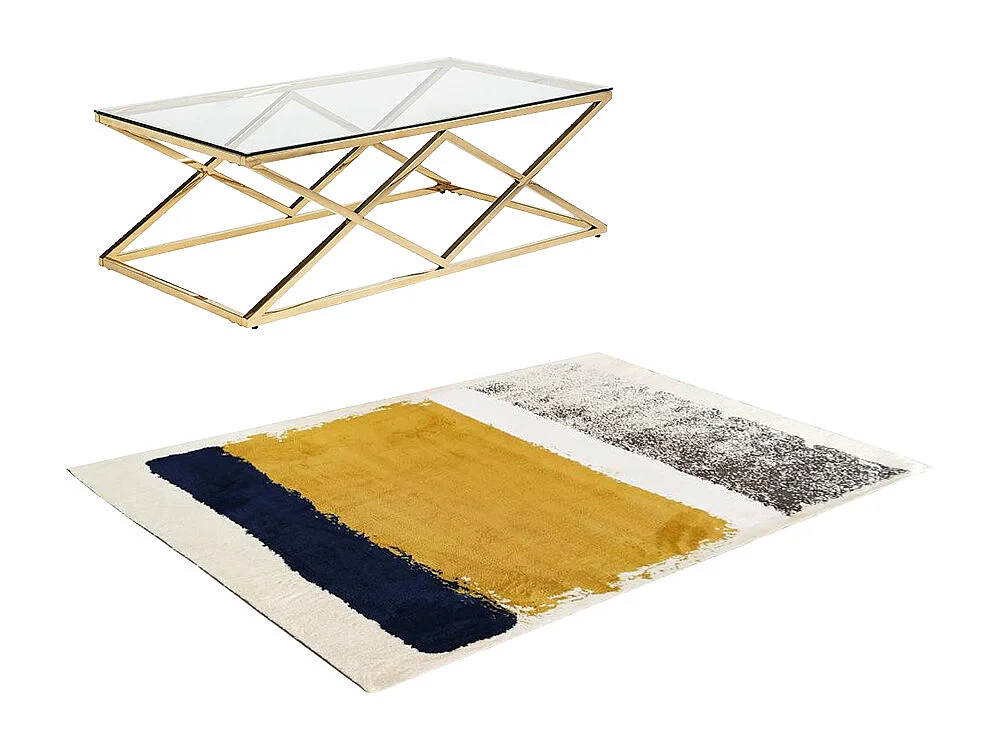 Conjunto mesa de centro dourada - CHARLOTTE e tapete azul, mostarda e cinzento - CAMDEN