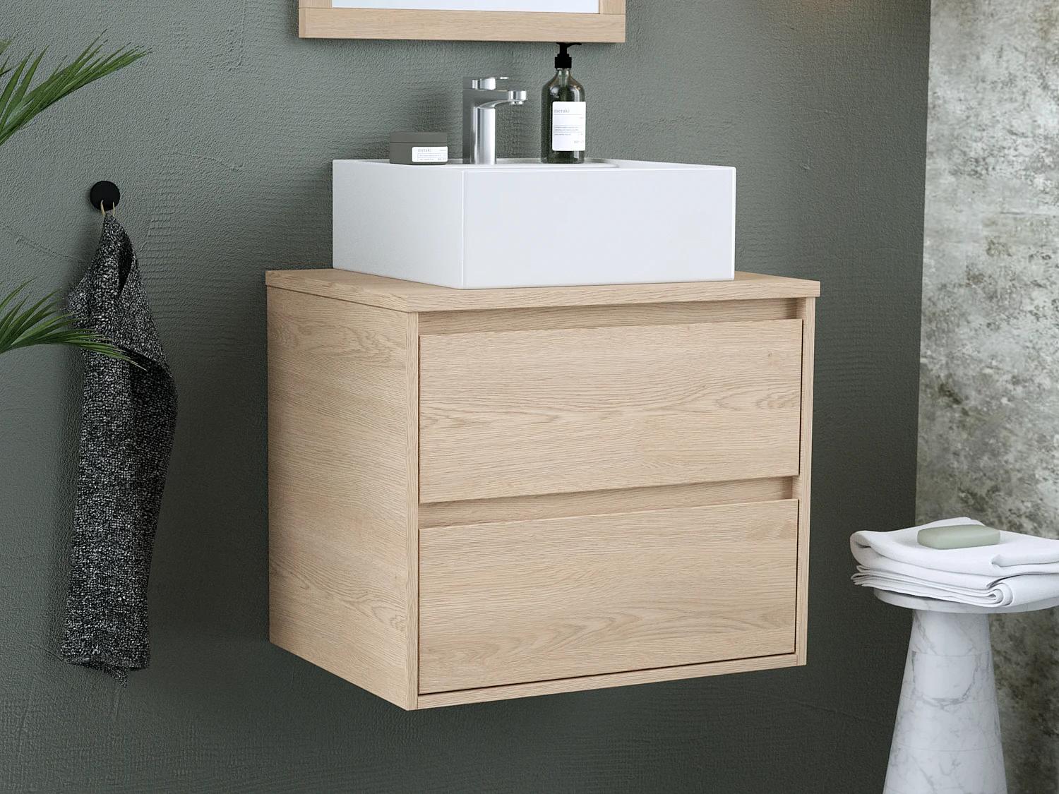 Meuble de salle de bain suspendu avec vasque à poser - Placage chêne - 60 cm - MILIPAM