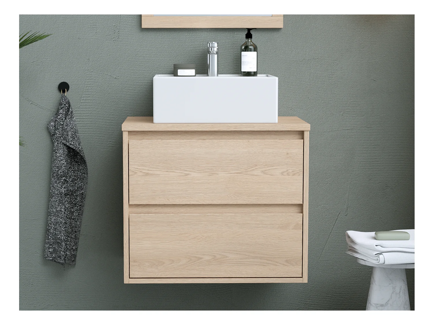 Väggmonterat badrumsskåp med ovanpåliggande handfat - Ekfaner - 60 cm - MILIPAM