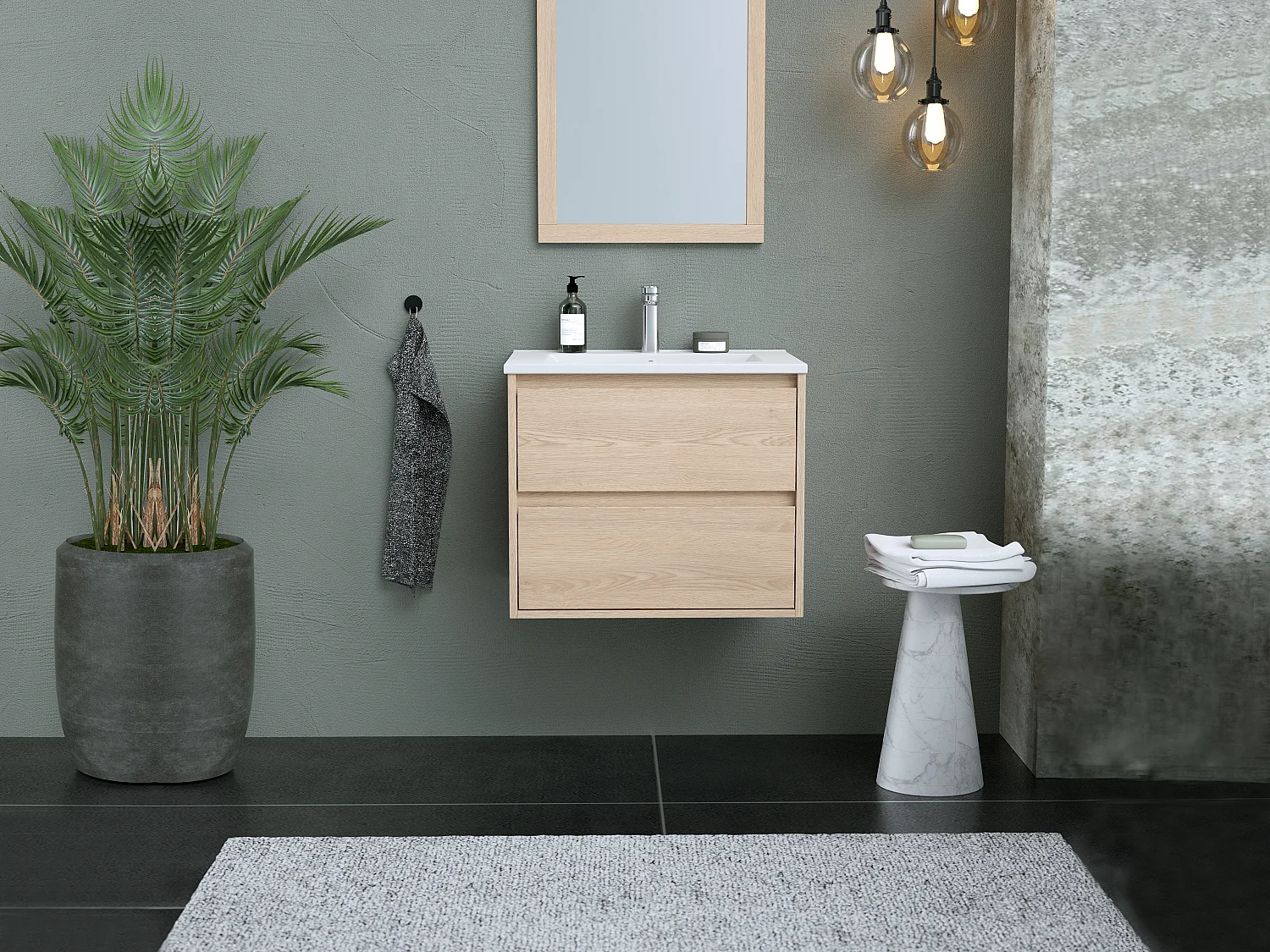 Waschbeckenunterschrank hängend mit Einbauwaschbecken - 60 cm - Eichenholzfurnier - MILIPAM