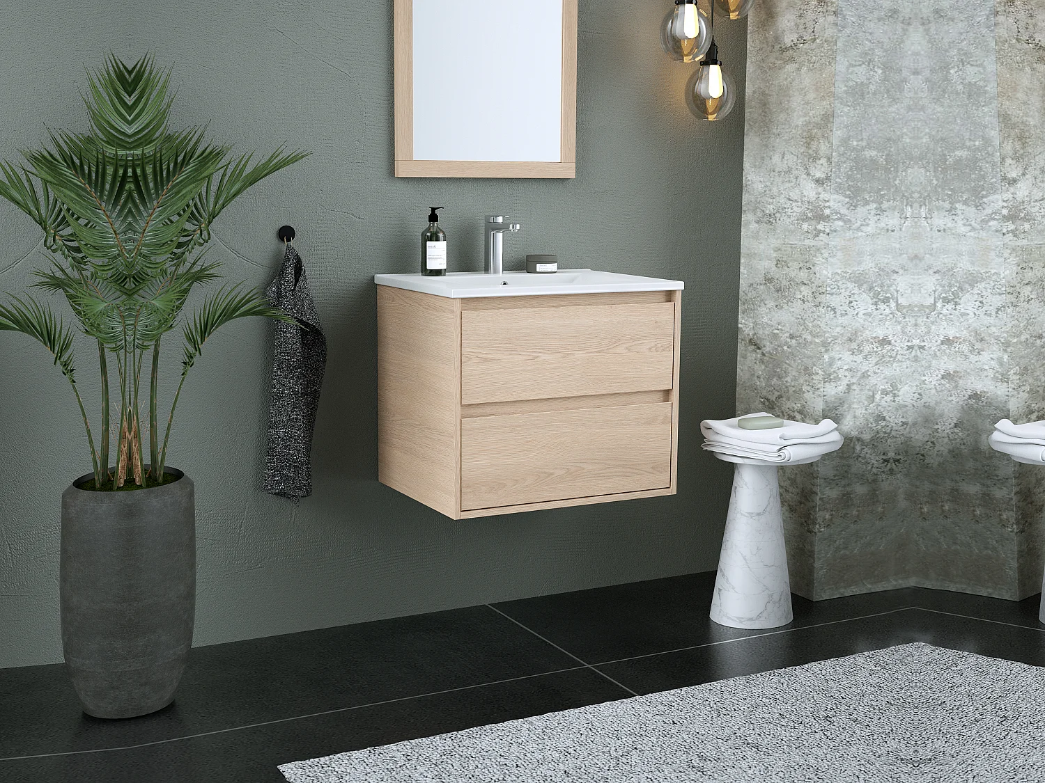 Hangmeubel voor badkamer met inbouwwastafel - Eikenfineer - 60 cm - MILIPAM