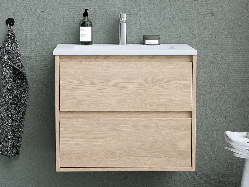 Meuble de salle de bain suspendu avec vasque à encastrer - Placage chêne - 60 cm - MILIPAM