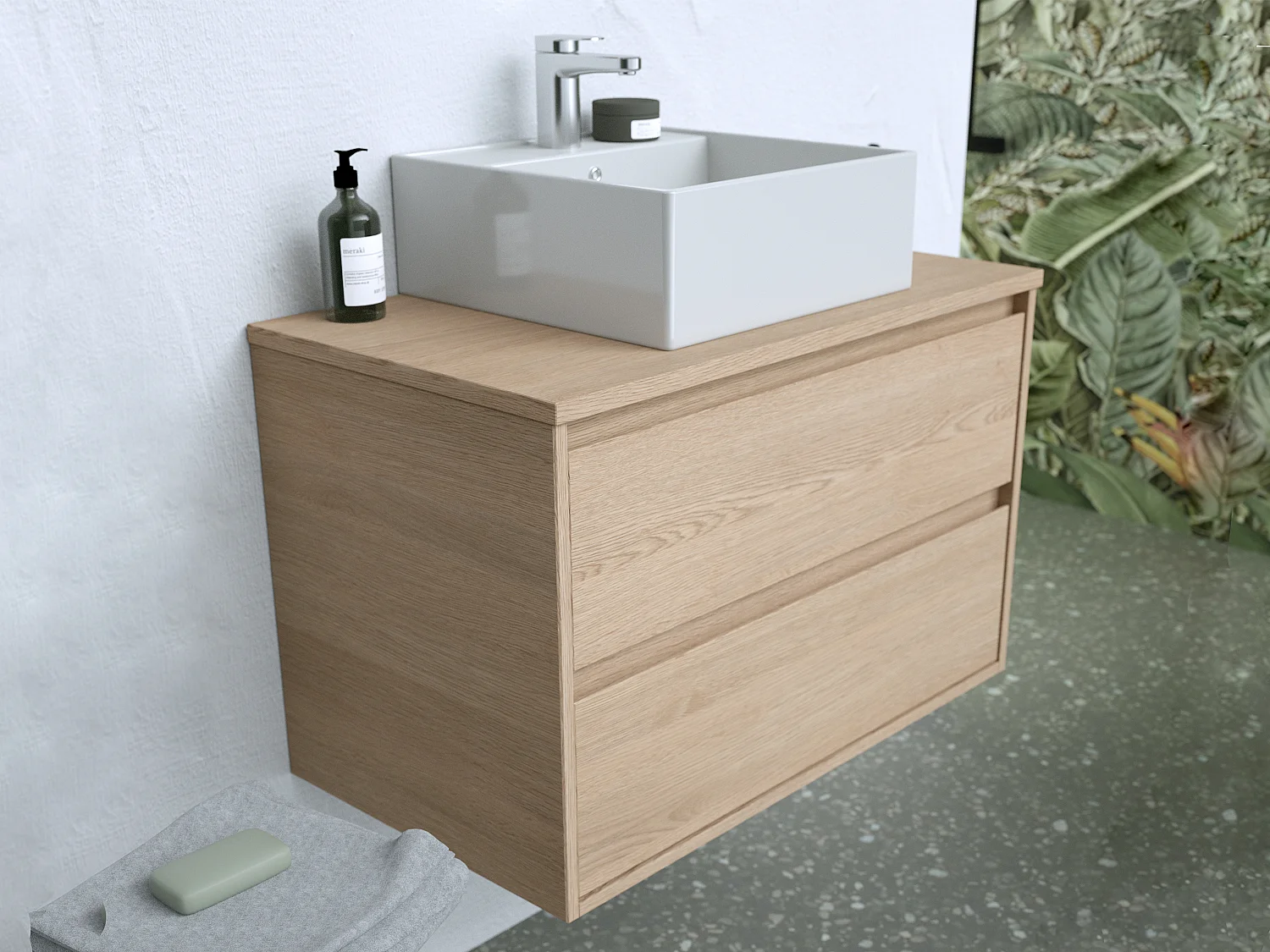 Waschbeckenunterschrank hängend mit Aufsatzwaschbecken - 80 cm - Eichenholzfurnier - MILIPAM