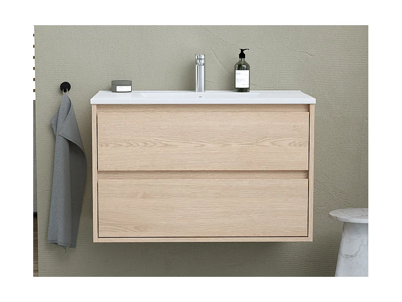 Szafka łazienkowa wisząca  z umywalką do zabudowy - Okleina dębowa - 80 cm - MILIPAM