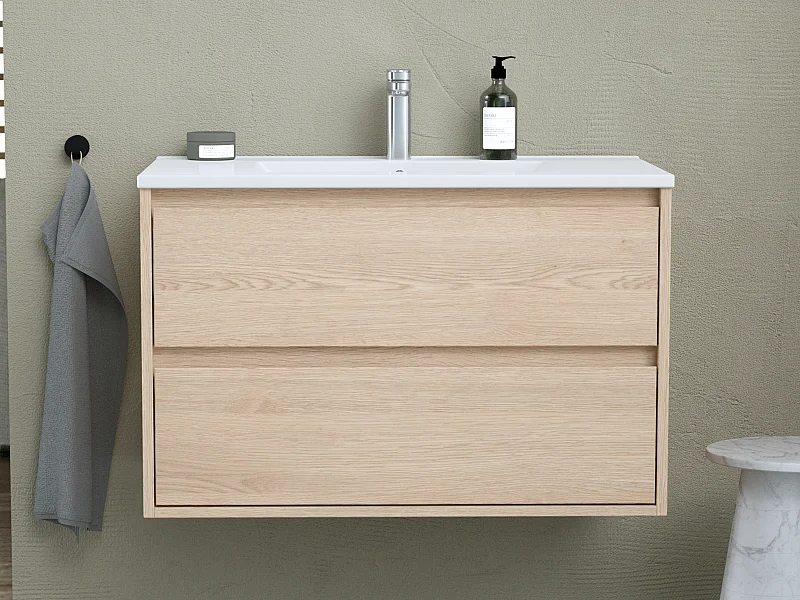 Meuble de salle de bain suspendu avec vasque à encastrer - Placage chêne - 80 cm - MILIPAM