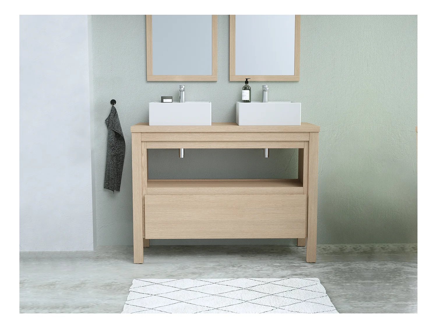 Meuble de salle de bain avec double vasque à poser - Placage chêne - 120 cm - COSMOTI