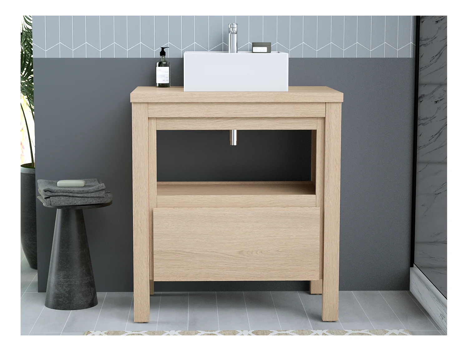 Meuble de salle de bain avec vasque à poser - Placage chêne - 80 cm - COSMOTI