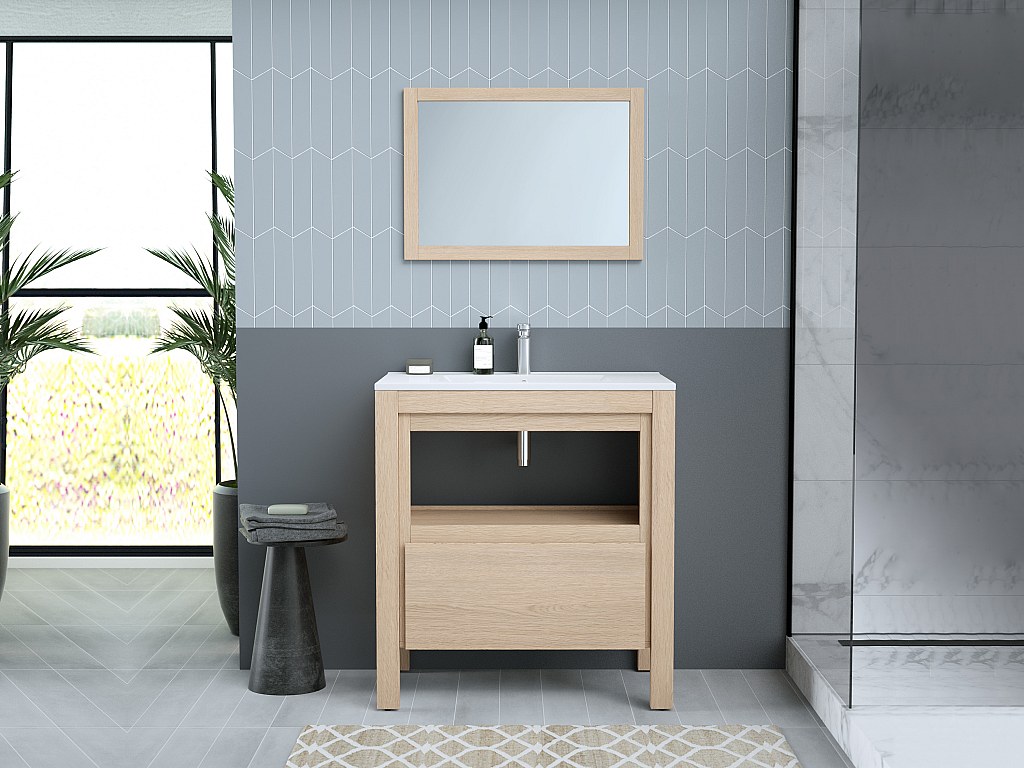Waschbeckenunterschrank mit Einbauwaschbecken - 80 cm - Eichenholzfurnier - COSMOTI