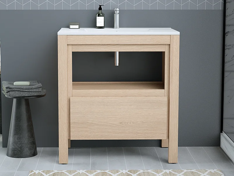 Mueble de baño con lavabo encastrable - Chapado roble - 80 cm - COSMOTI