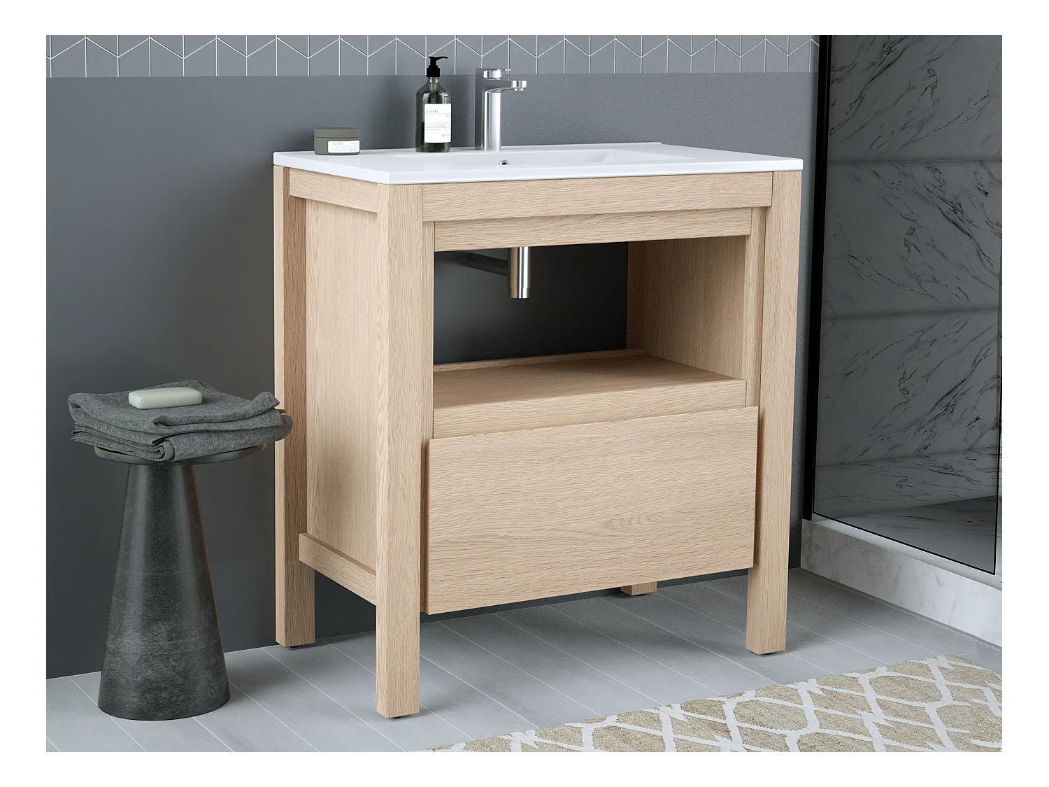 Mobile per bagno con lavabo da appoggio 80 cm Placcatura rovere - COSMOTI