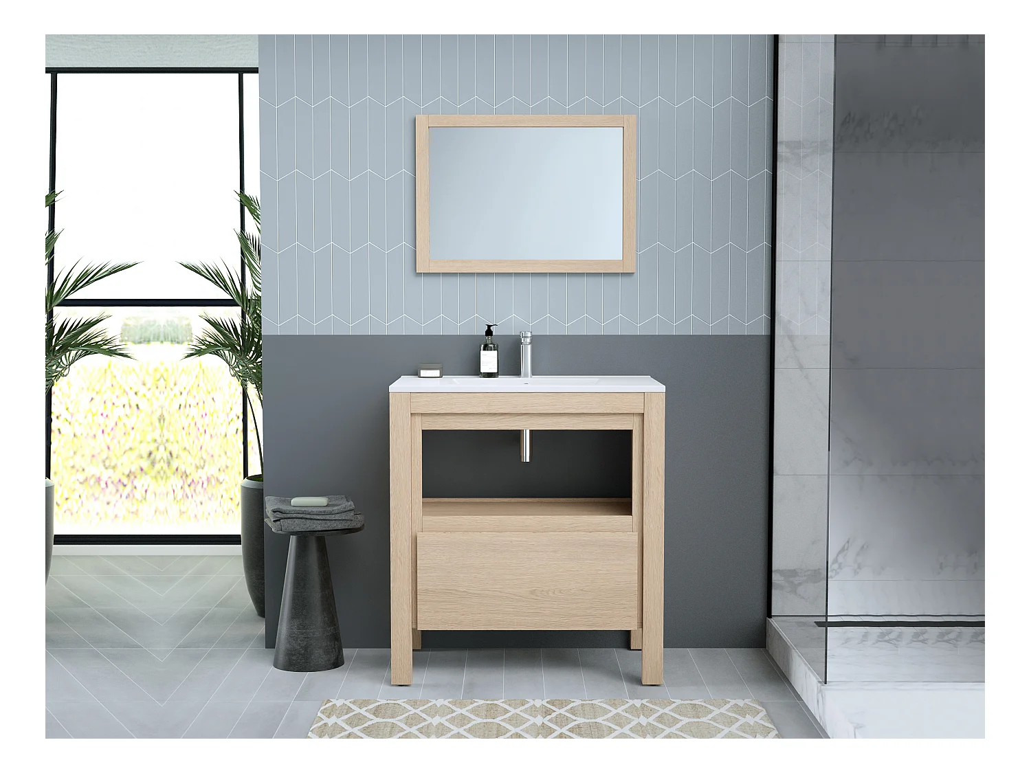 Meuble de salle de bain avec vasque à encastrer - Placage chêne - 80 cm - COSMOTI