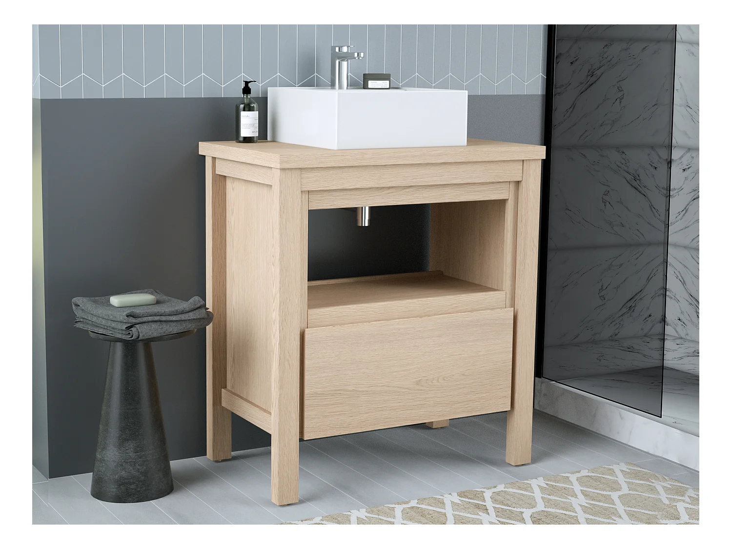 Meuble sous vasque avec niche de rangement et planche - 80 cm - Placage chêne - COSMOTI